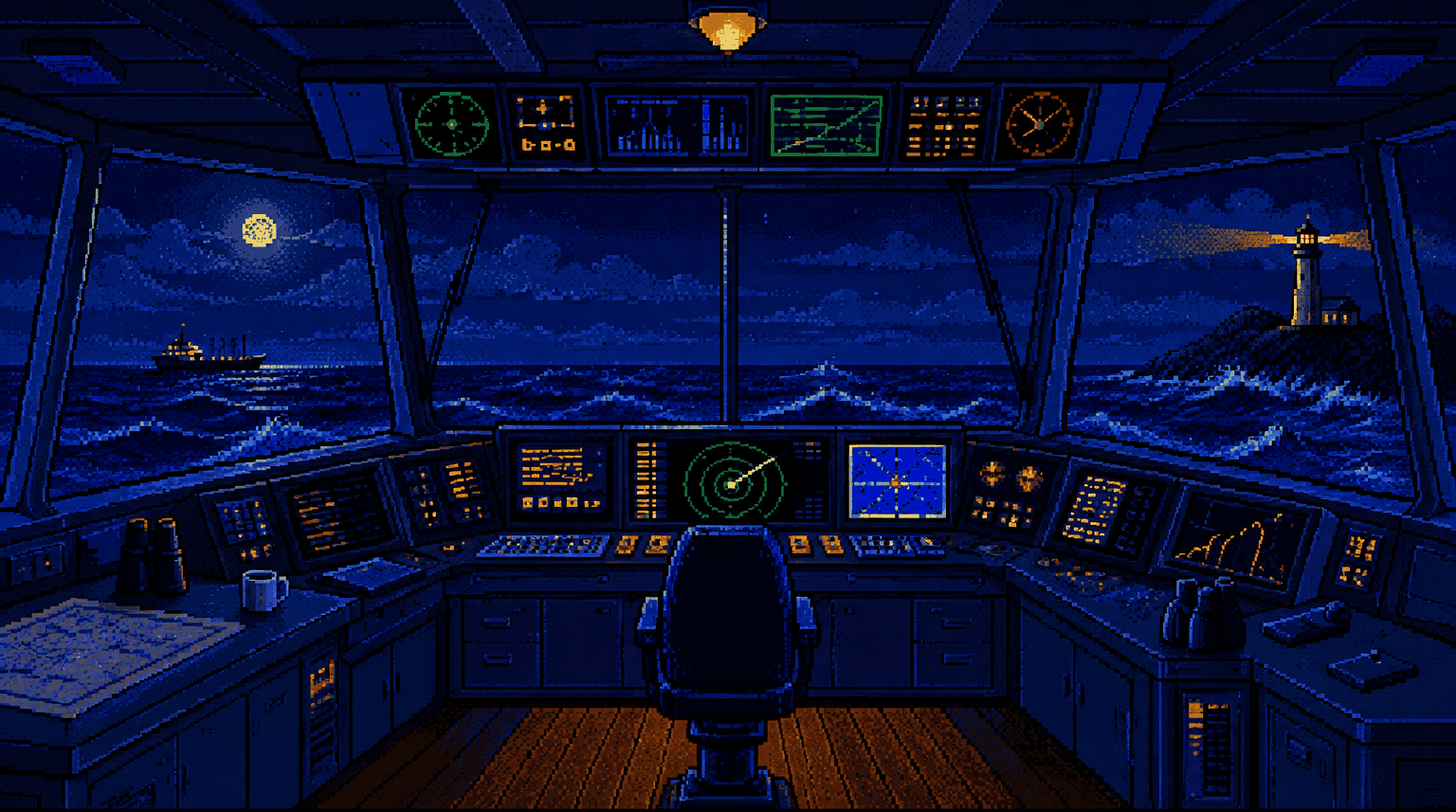 A ship's bridge at night: instrument panels glowing green, radar sweeping, the fleet visible through the windows